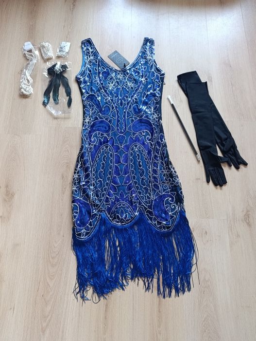 Sukienka cekinowa lata 20-30 z dodatkami rozmiar S