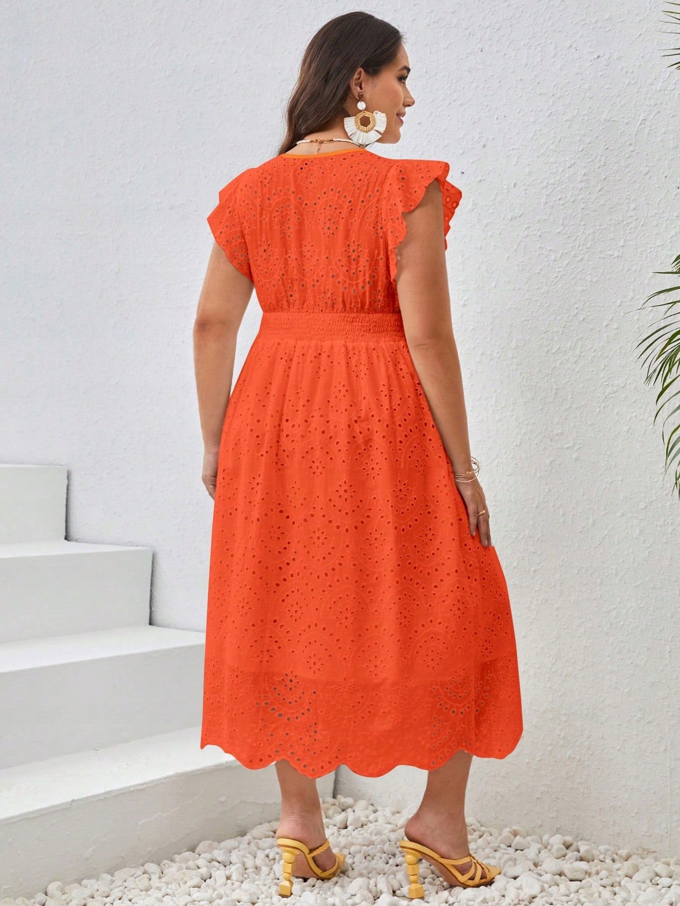 Sukienka Ażurowa Rozkloszowana Midi Pomarańczowa Casual Shein 2Xl