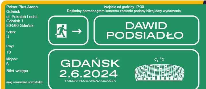 Dwa Bilety na koncert Dawida Podsiadło 02.06 Gdańsk.