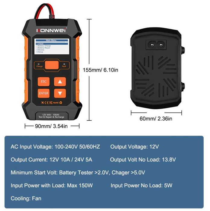Konnwei KW520 Тестер + зарядное + ремонт акб 12-24 V