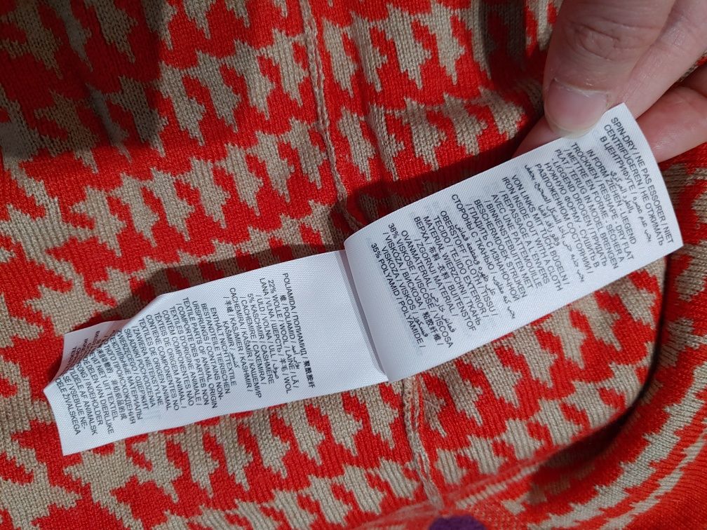 Brax sweter damski 22% wełna 5% kaszmir premium w pepitkę czerwony beż
