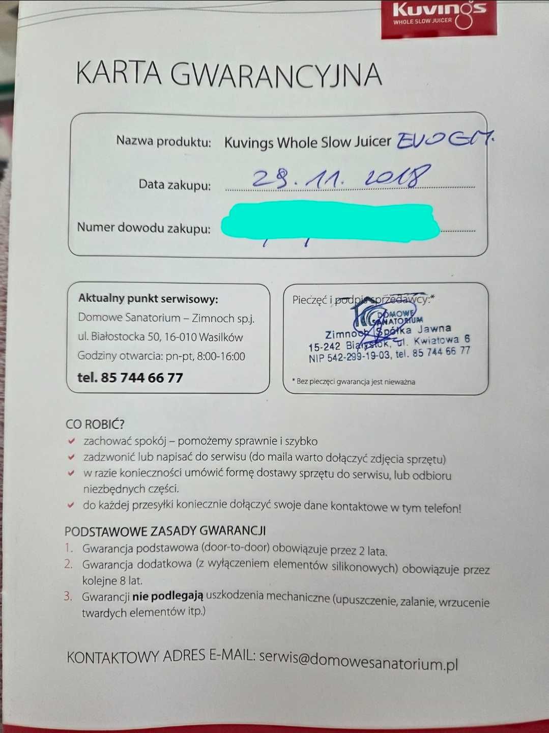 Kuvings slow juicer evo820, wyciskarka gwarancja do 2028