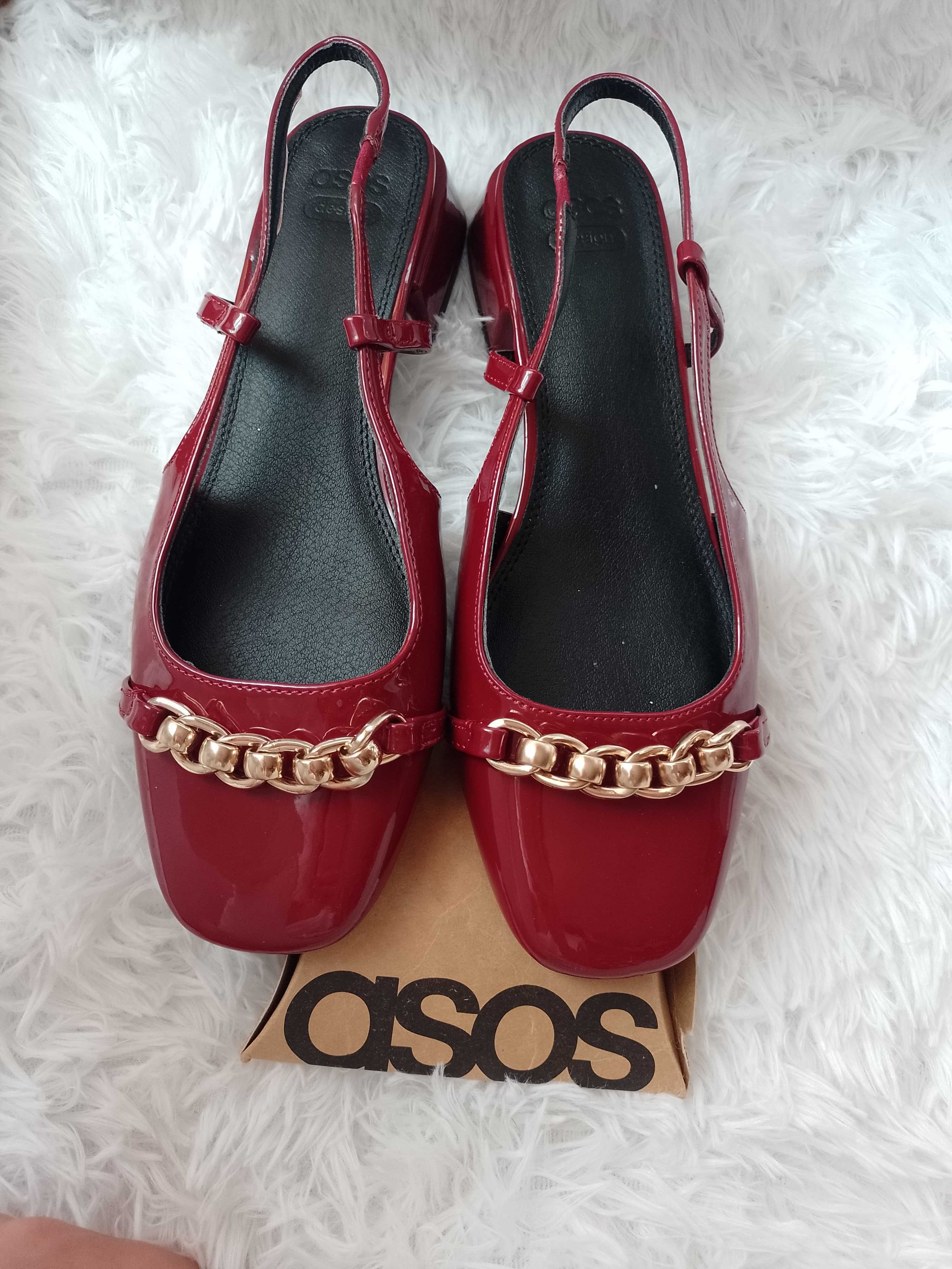 (39) ASOS/ Bordowe baleriny czółenka z odkrytą piętą z Londynu, NOWE