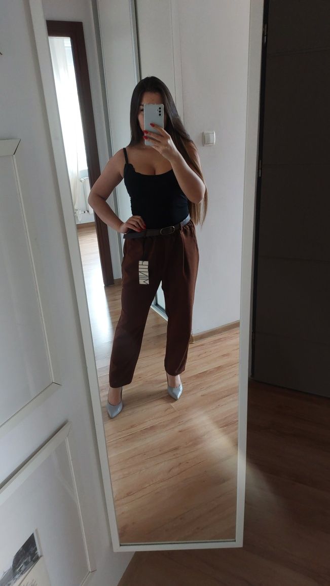 Eleganckie spodnie L brąz do kostek biuro praca