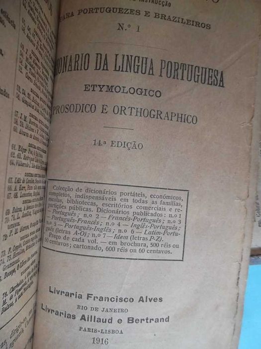 2 Dicionários de 1916 e 1918. Língua Portuguesa e Português-Francês