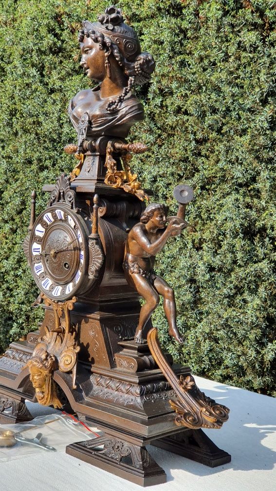 Zegar kominkowy brązowiony antyk XIX wiek ogromny sygnowany prezent