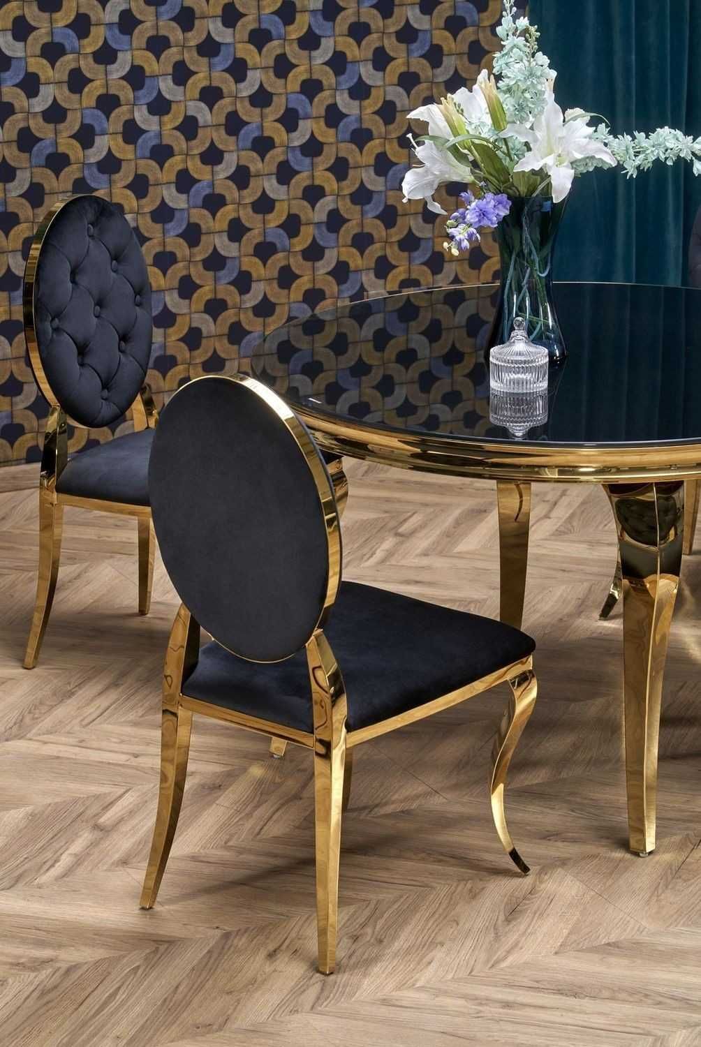 Stół okrągły glamour REGINALD 2 szklany czarny blat, złote nogi
