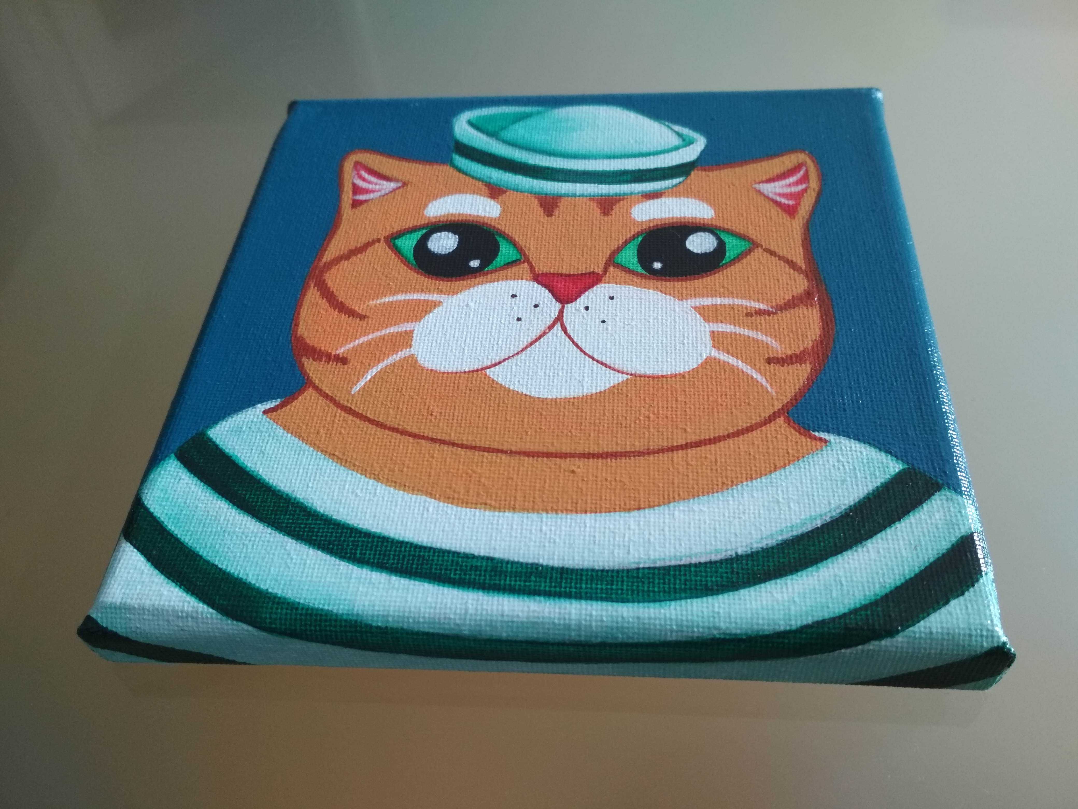Czerwony Kot Marynarz Obraz Akrylowy na Płótnie 15x15 cm