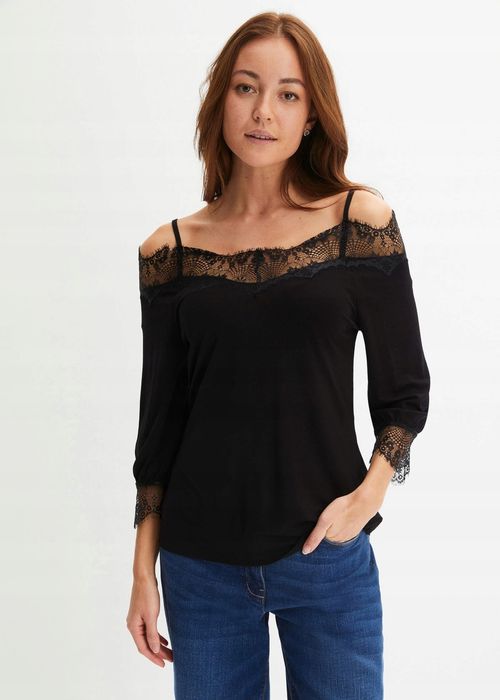 B.P.C bluzka czarna z koronką odkryte ramiona ^40/42
