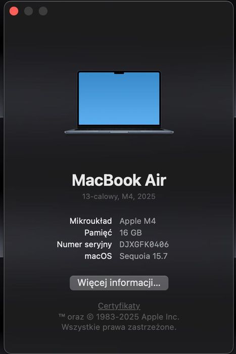 Apple MacBook Air M4 16/256GB, gw do 31.07.26r