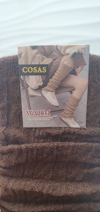 Wełniany ocieplacz na nogi łydki na buty-kozaki brązowy wełna angora