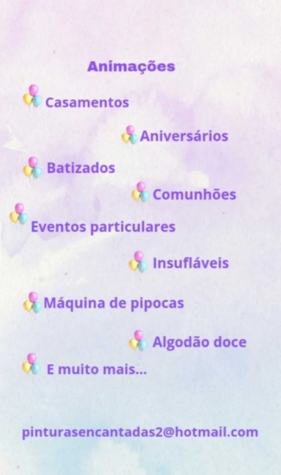 Animação, pipocas ,pinturas faciais, insufláveis,jogos e muito mais.