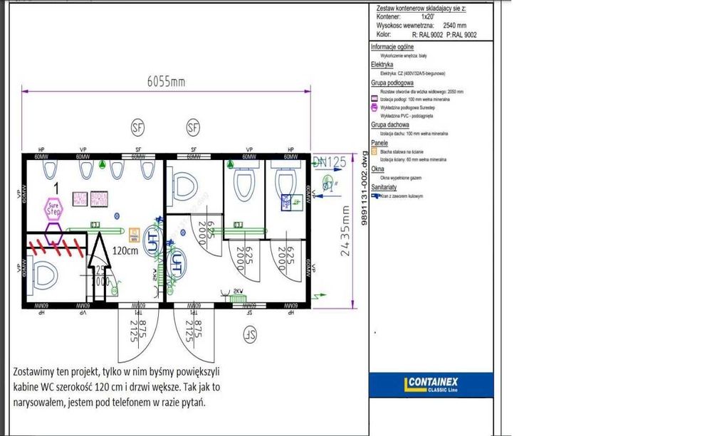 Kontener sanitarny toaleta damsko/męska 6x2,5 wc  pisuar bojler kabiny