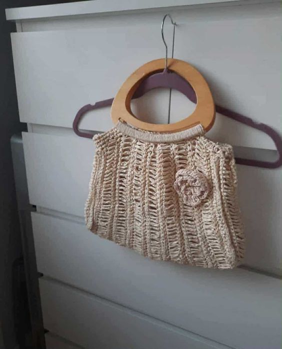 beżowa torba mała torebka szydełkowa pleciona boho bag crochet retro
