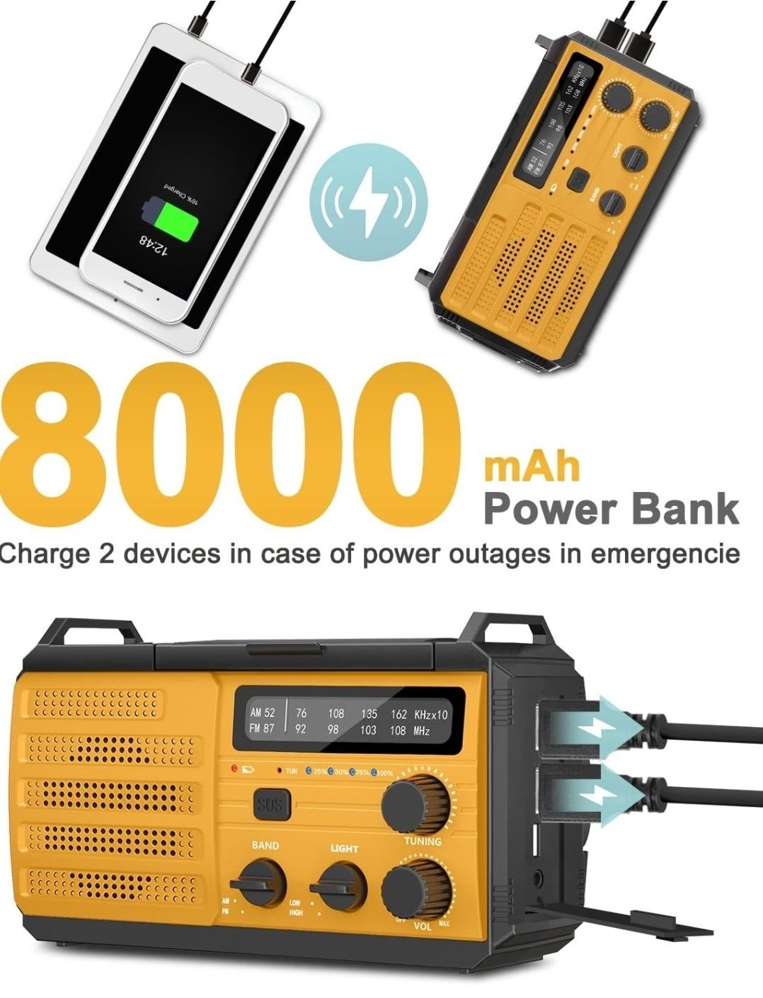 Awaryjne radio solarne z funkcją powerbanku i latarki 8000 mAh AM/FM