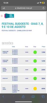 Bilhete diário do Festival do Sudoeste - dia 7 de agosto