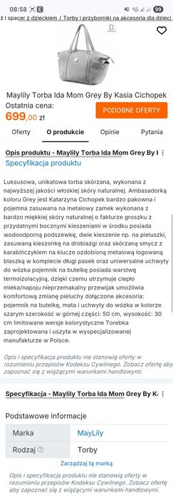 Torba skórzana MyLily Ida Gray do wózka + akcesoria
