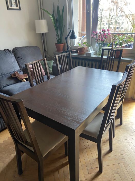 Ciemnobrązowy stół i 6 drewnianych krzeseł z nowym obiciem na wymianę