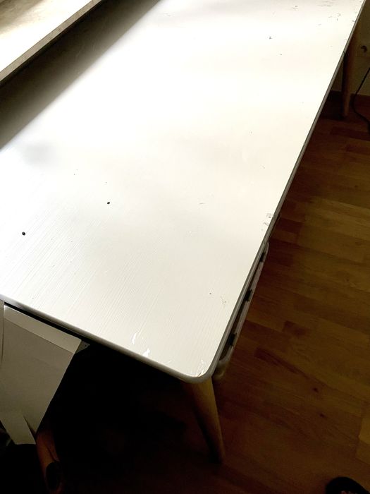 Sprzedam szerokie drewniane szare biurko 180 cm z żeliwną podstawą
