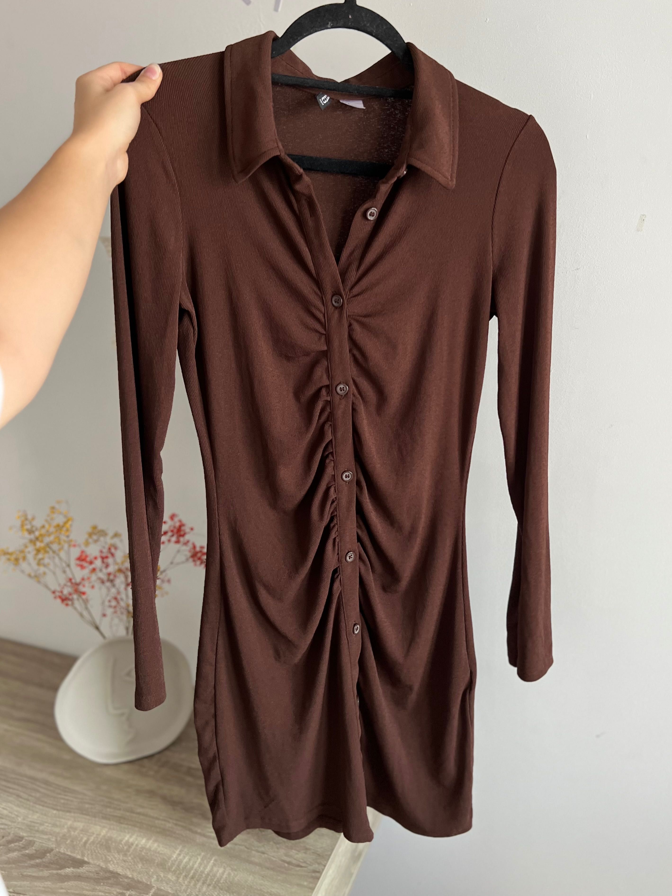 Brązowa sukienka mini szmizjerka marszczona z kołnierzykiem H&M