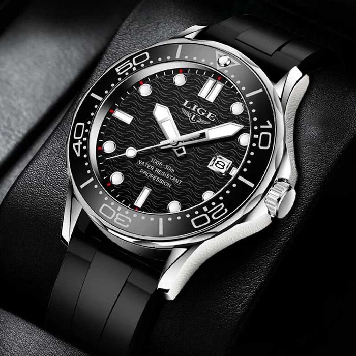 Zegarek męski kwarcowy Lige 43mm styl nurka WR30 pasek silikonowy BOX