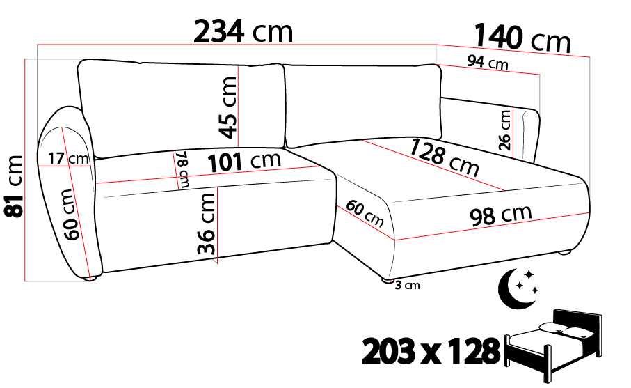 Narożnik 234 x 140 cm - funkcja spania, pojemnik, wygodne poduszki
