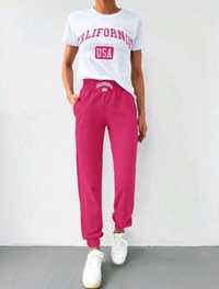 Nowy damski komplet neon róż California XL dresowy spodnie t-shirt baw