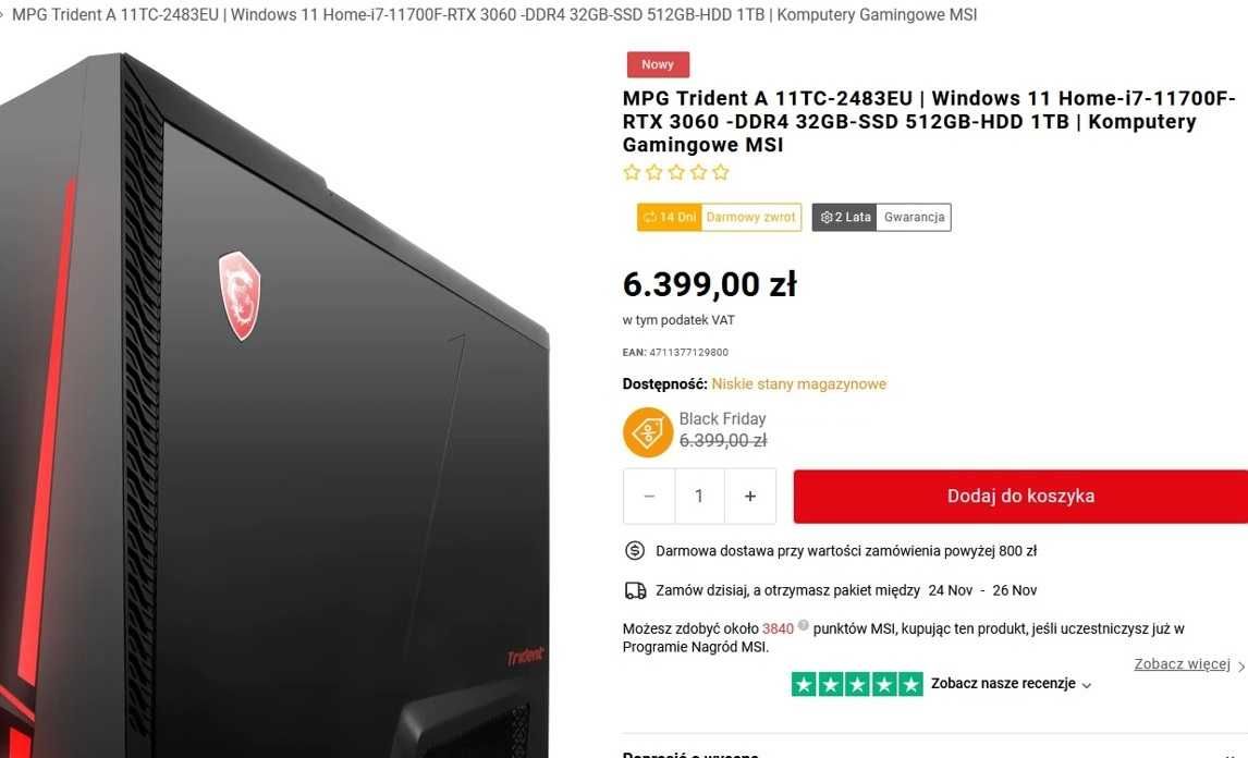 Nowy komputer MSI MPG Trident A RTX3060 i7-11700F 32GB Win11 GRATIS GW
