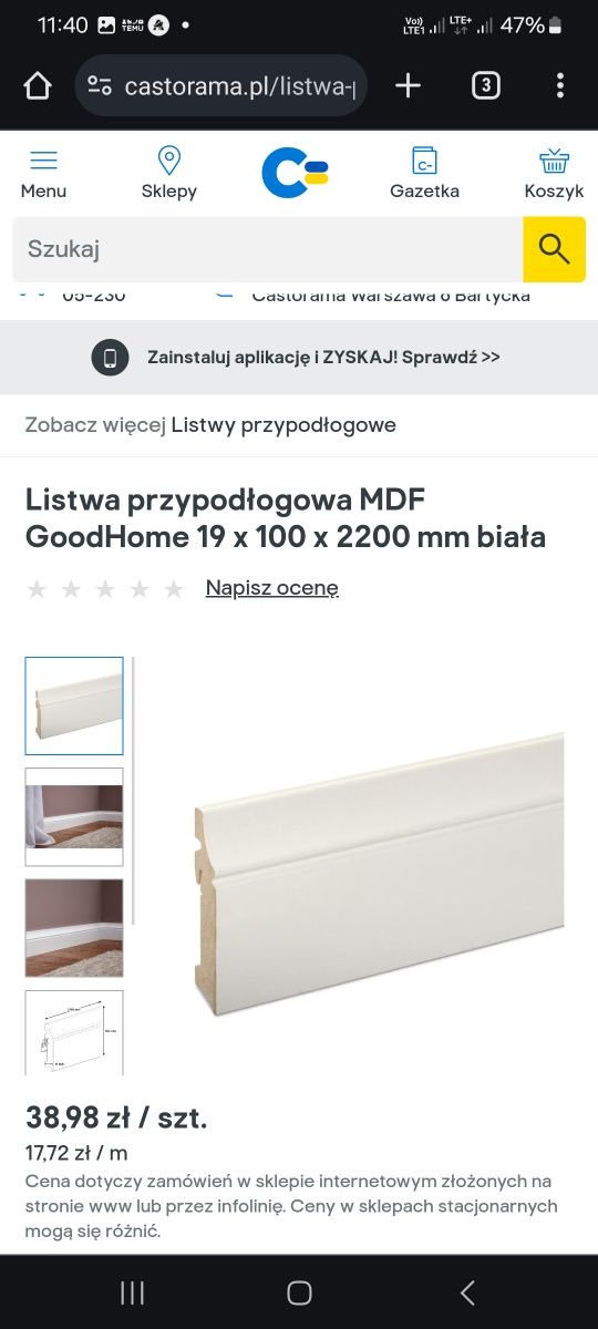Listwa przypodlogowa MDF biała listwy 19 x 100 x 2200 mm