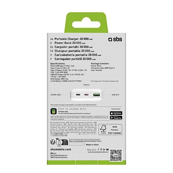 Powerbank SBS TTBB20000PD20W 20000 mAh 20W Power Delivery z MicroUSB,