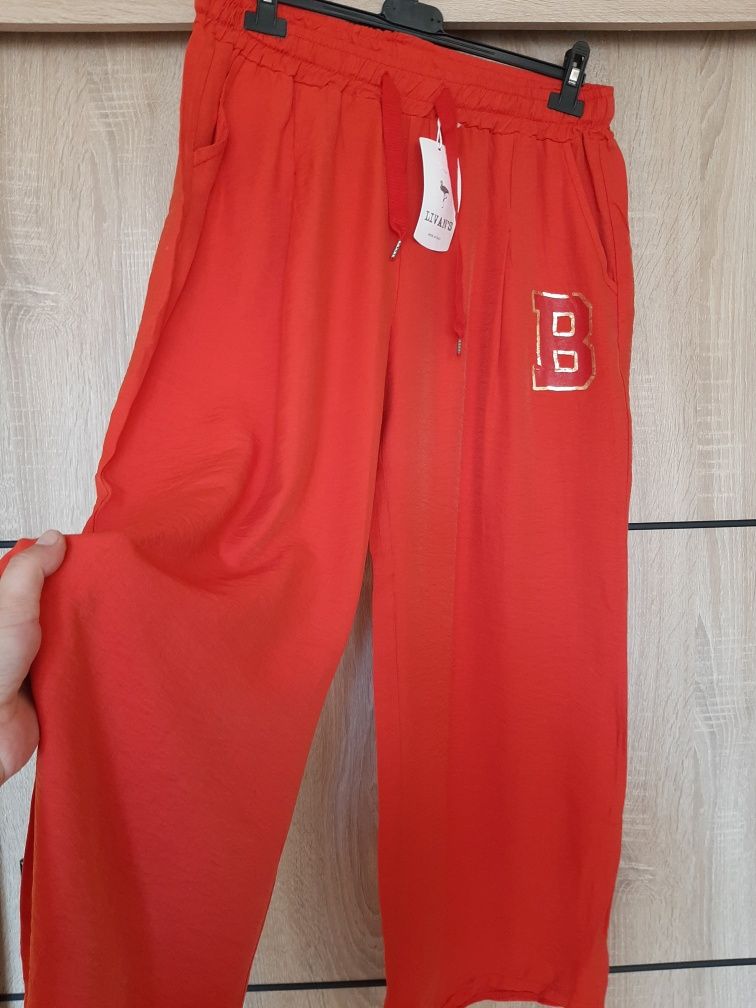Spodnie kuloty szeroka nogawka napis czerwone plus size 46 44  wiskoza