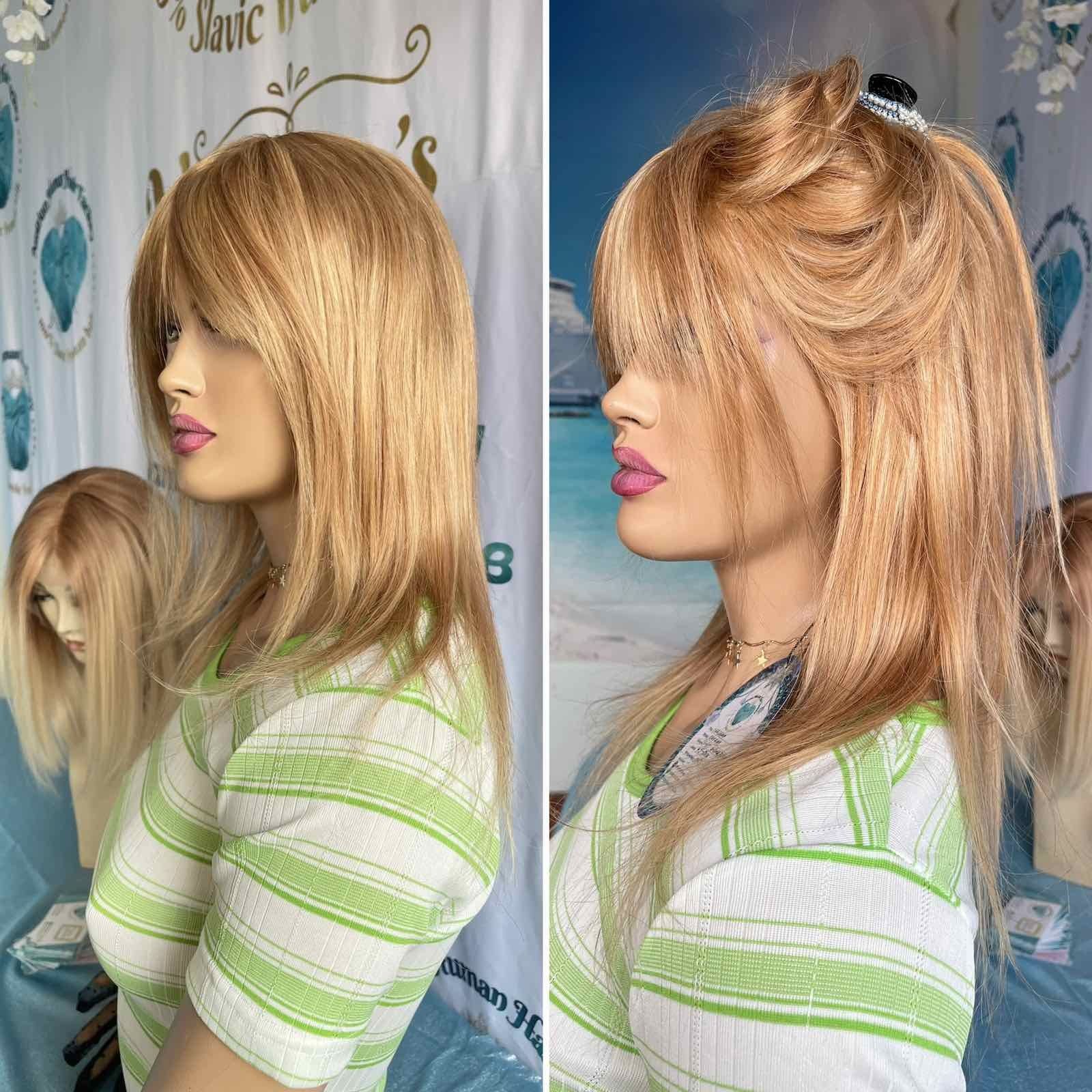 Натуральный парик перука с чёлкой славянские волосы блонд золото