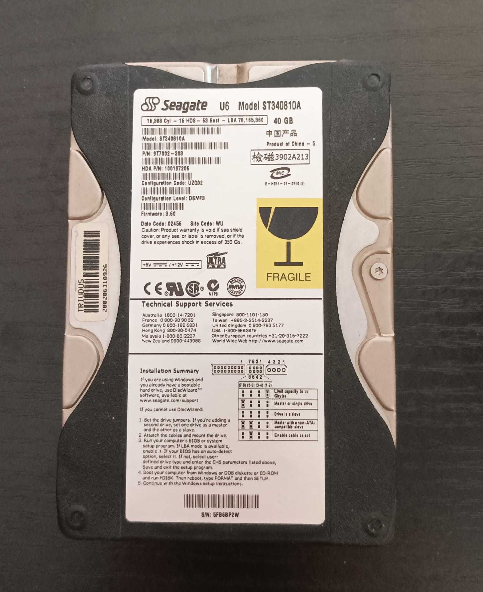 Seagate U6 Model ST340810A 40 GB