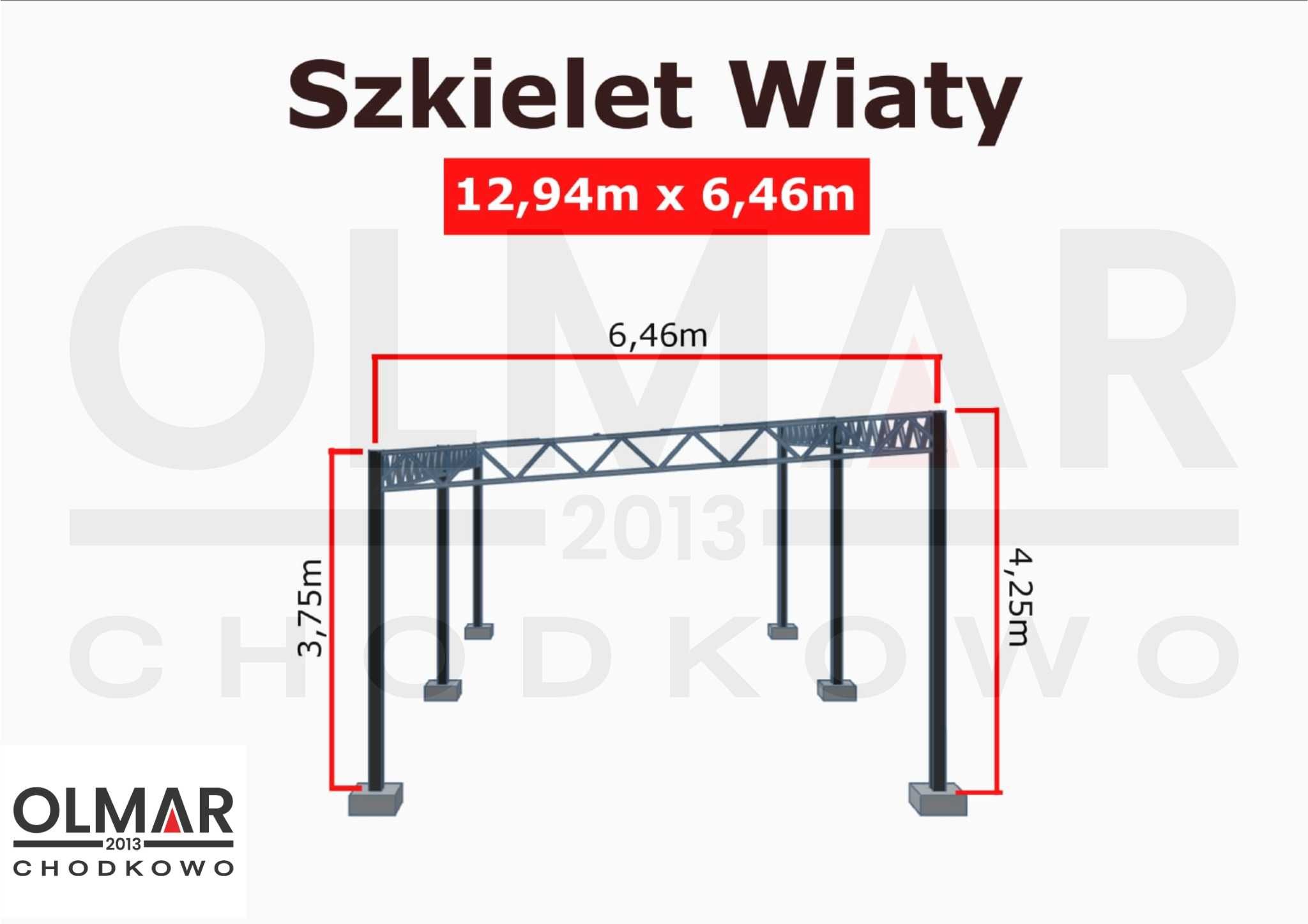 Stelaż wiaty 12,94m x 6,46m z łatami na dach.
