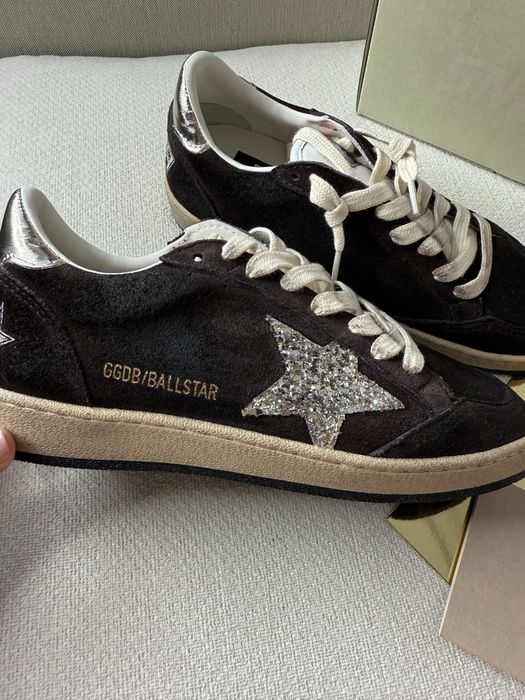 Жіночі кеди Golden Goose BALL STAR шоколадні, зірка з глітеру