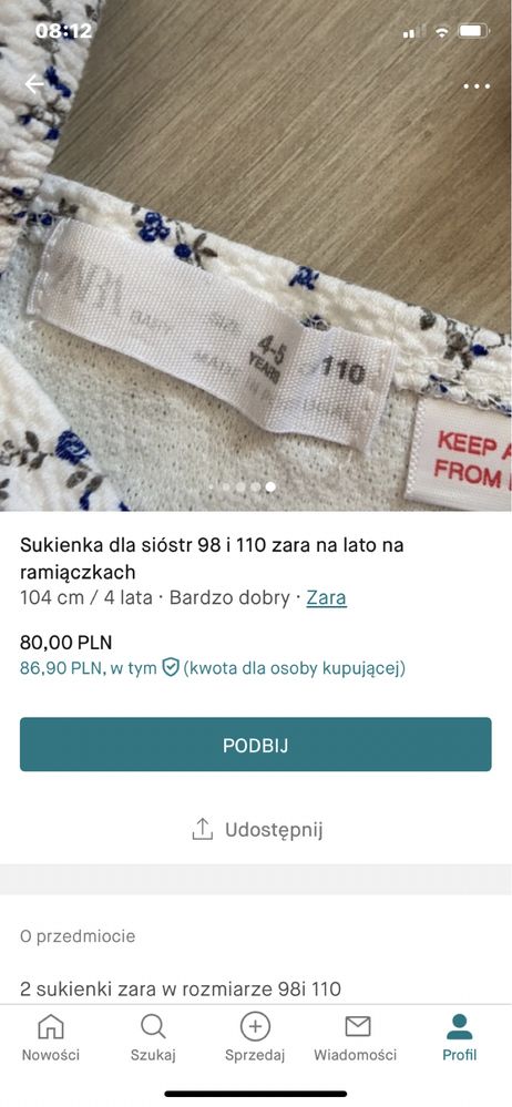 Sukienka zara dla sióstr 98 i 110 letnia na ramiączkach motylkach