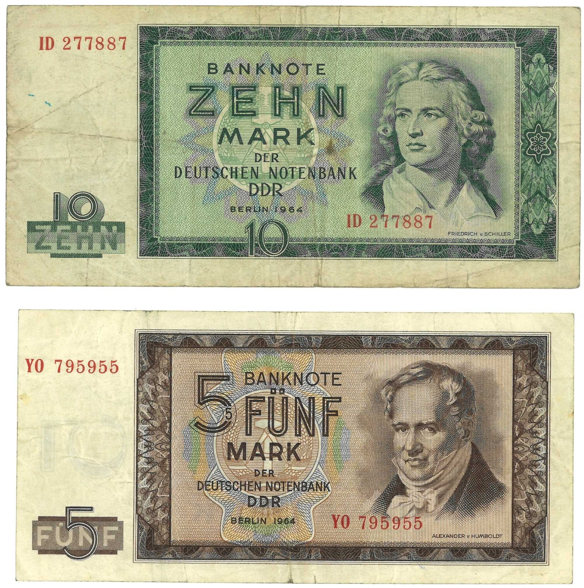 Banknot NRD DDR 5 marek i 10 marek 1964 - razem 2 szt.