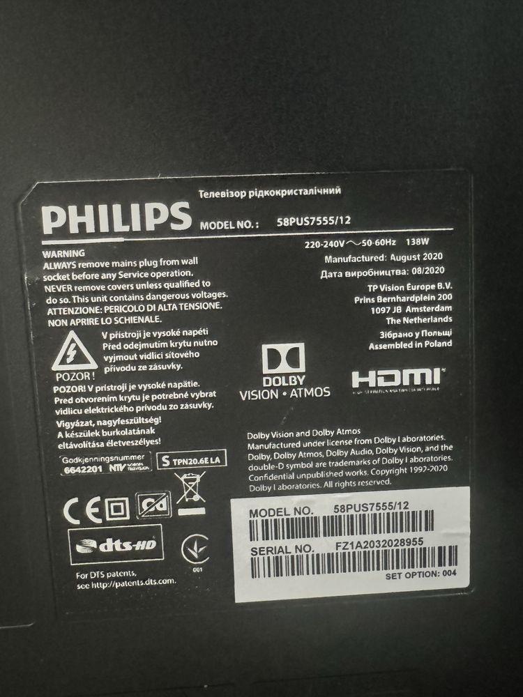 TV Philips 58” 4K com ecrã partido – Para peças