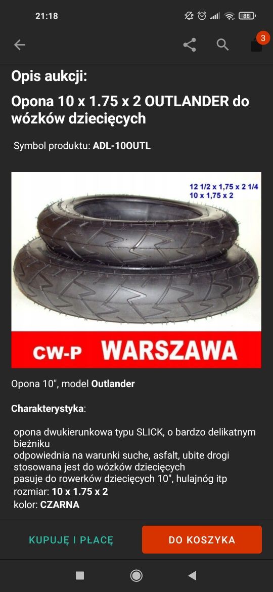 Jedna Opona 10' x 1.75 OUTLANDER do wózków dziecięcych