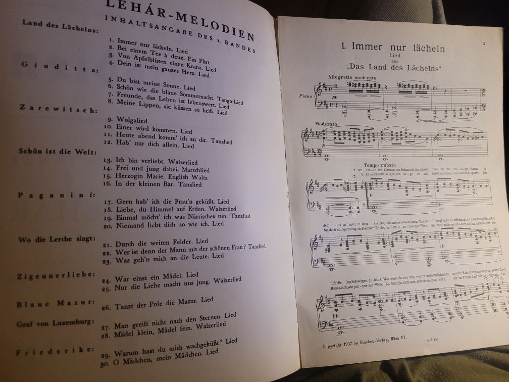 Nuty Franz Lehár Melodien 1937 Glocken Verlag Vien
