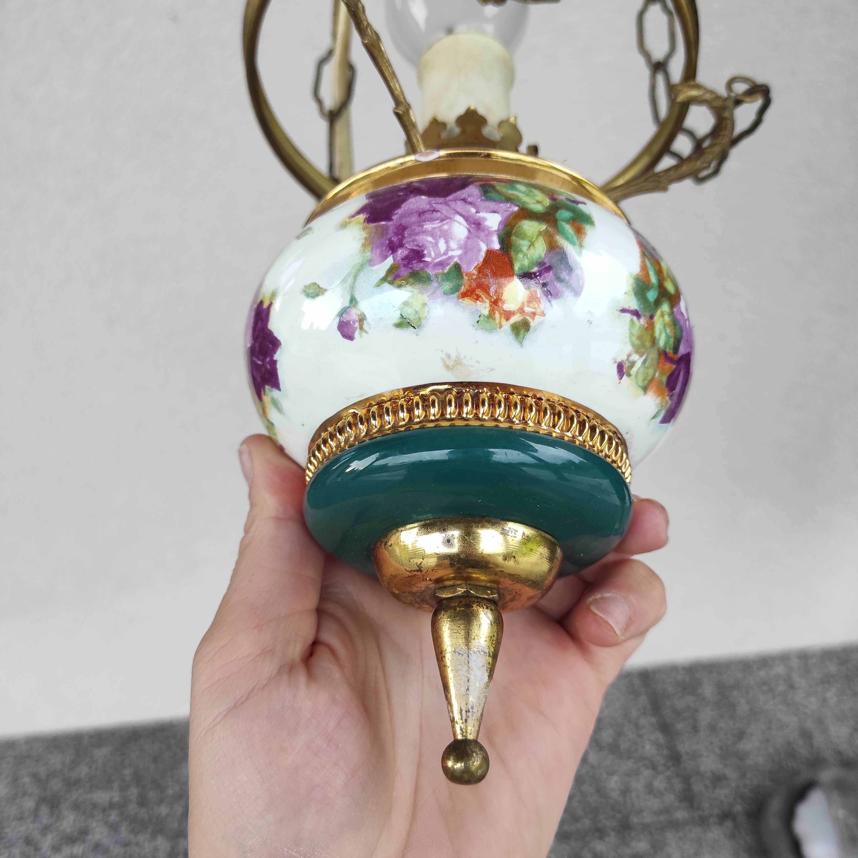 Stary Mosiężny Żyrandol / Lampa Z Ceramiką Antyk Zabytek