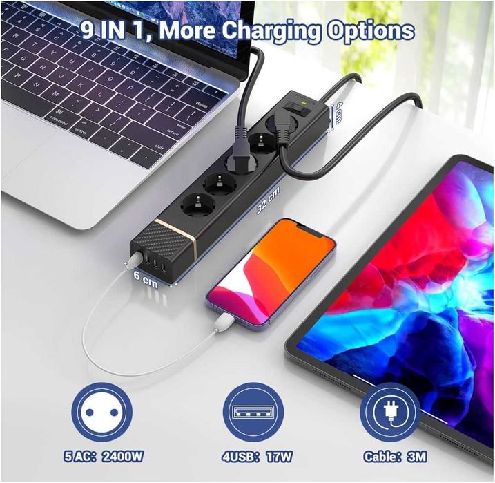 Listwa zasilająca 5 gniazd 3m 4USB ochrona przepięciowa 2400W/10A