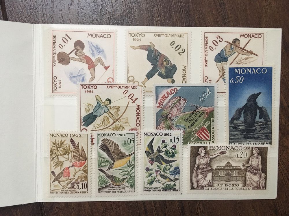 10 znaczków Monco seria Tokio 1964, sport, ptaki i inne vintage