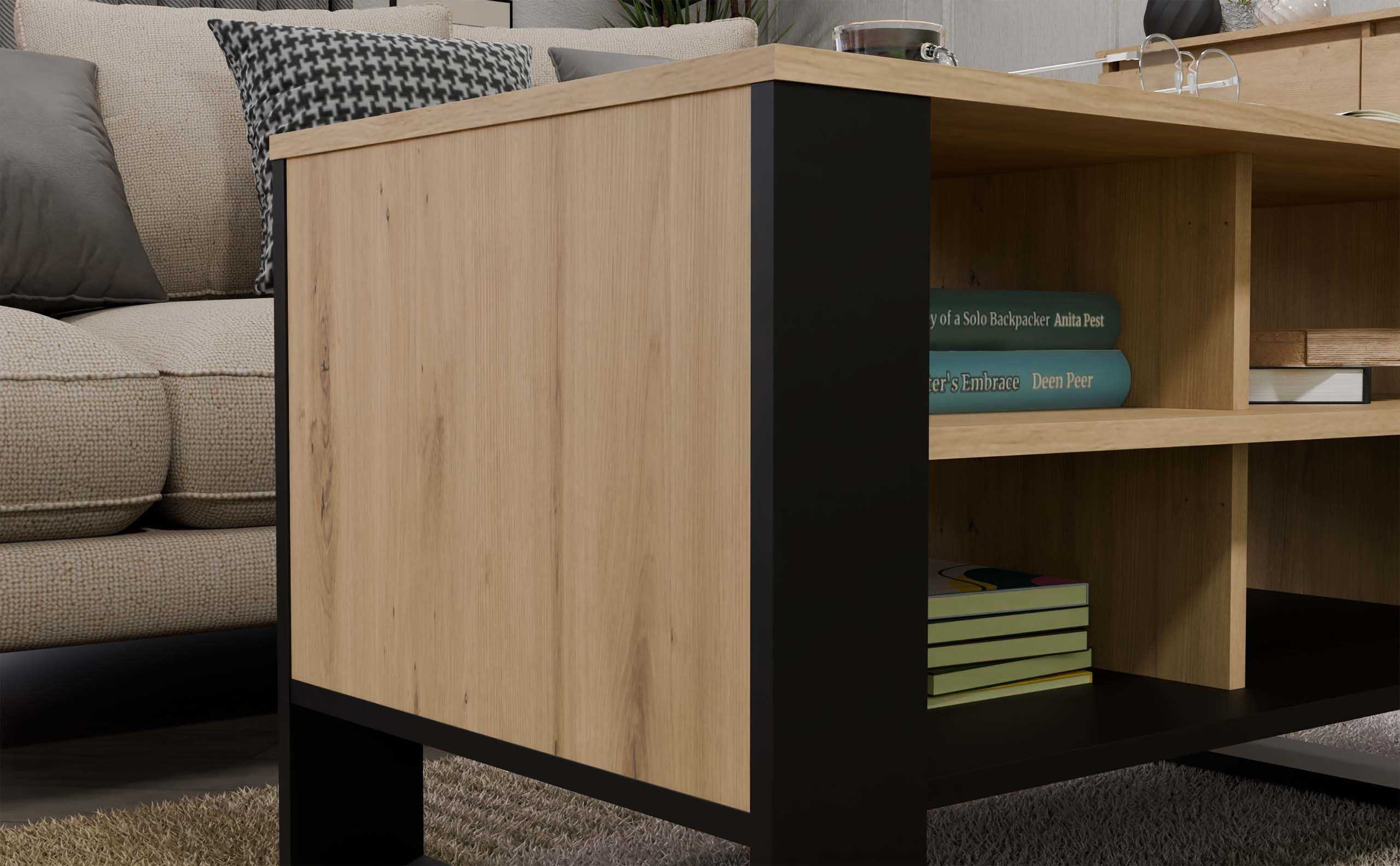 Stolik Kawowy MODERN 4P Ława z 4 Półkami DĄB ARTISAN / CZARNY