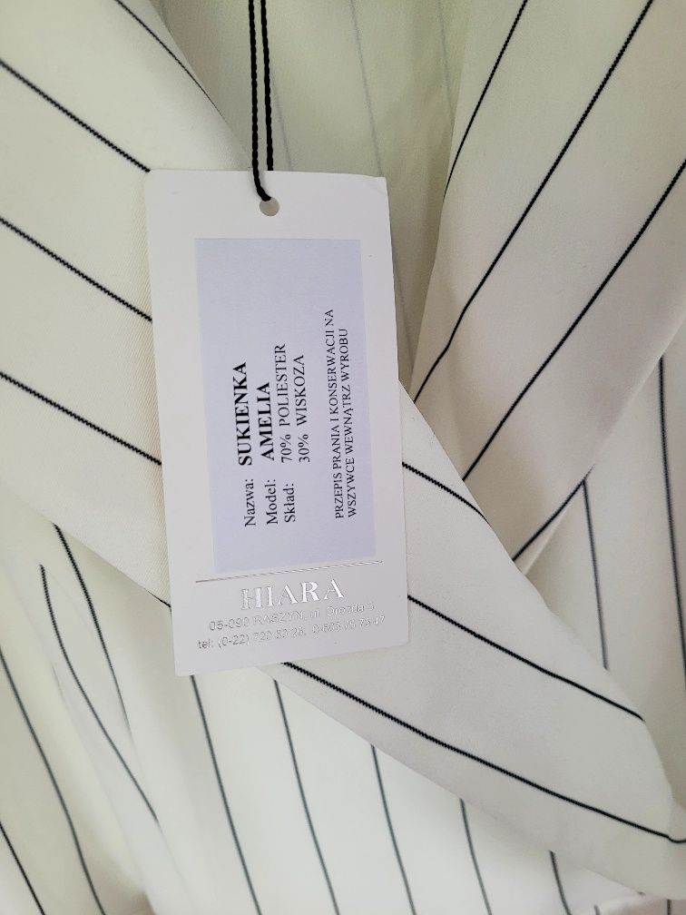 Biała/ecru sukienka midi w czarne prążki r.36/komunia/chrzest/impreza