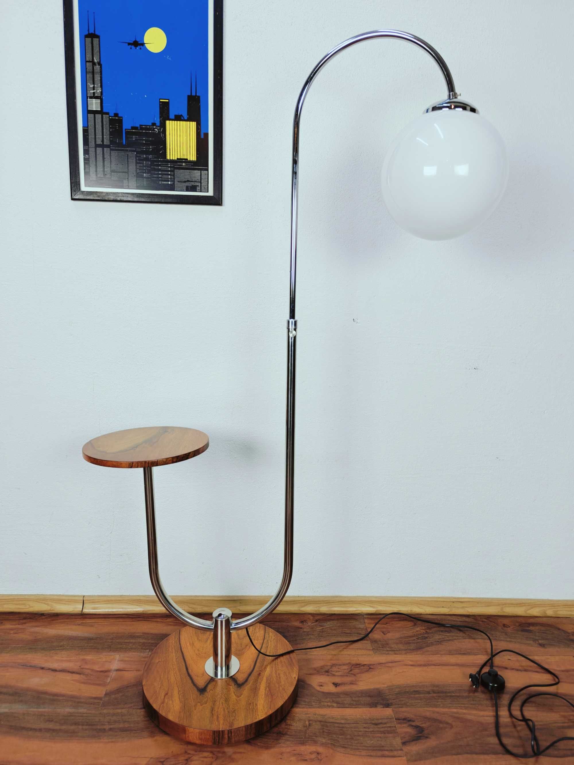 Lampa stojąca, podłogowa Chrom Orzech Klosz Kula styl Art Deco Bauhaus