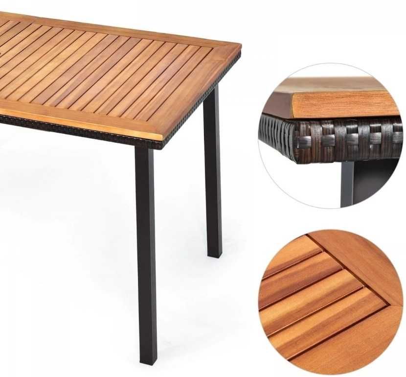 Stół Costway drewno+rattan prostokątny z otworem na parasol 140x75x76