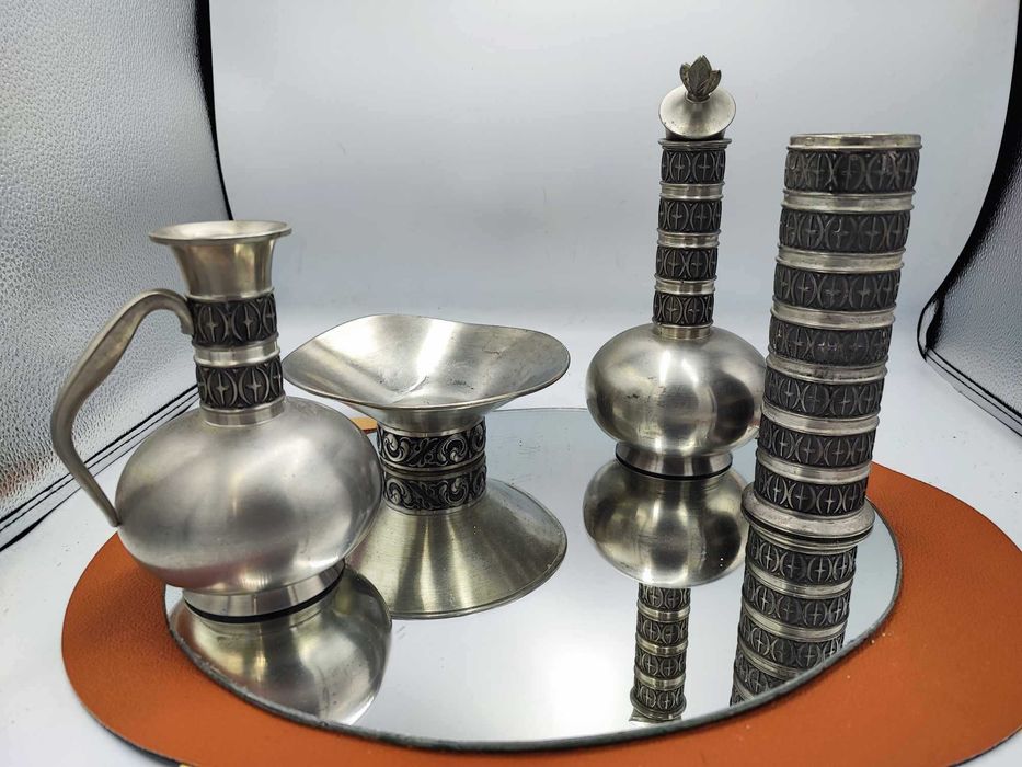 Vintage lata 70 dzbanek,2 wazony,patera,Pewter Haugrud Norway,całość