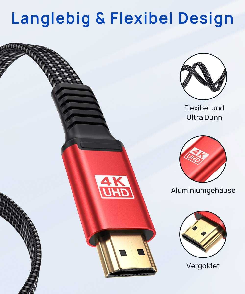 Kabel HDMI 2.0 JSAUX 3M 4K UHD 18GB/S 1080P Czerwony