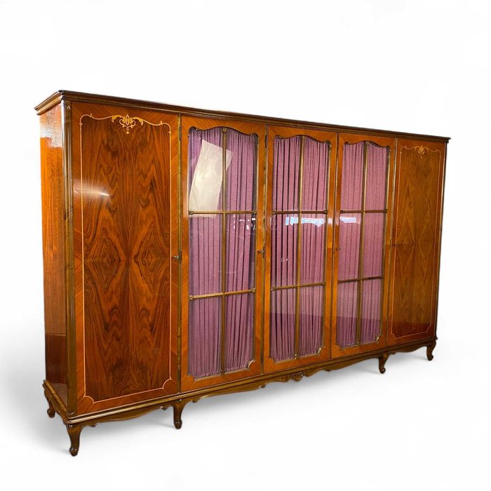 Barokowa szafa pięciodrzwiowa z witryną, intarsje, połysk